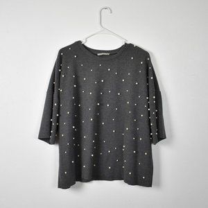 Zara gray soft touch faux pearl oversized sweater